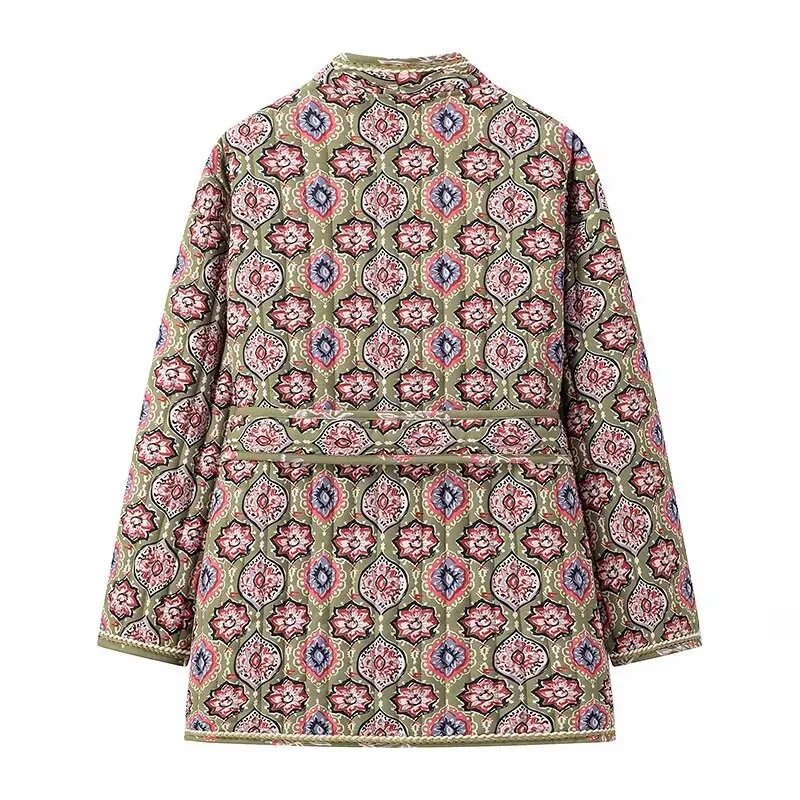 Chaqueta acolchada con estampado de flores verdes para mujer, abrigo bohemio de manga larga con cuello en V, con lazo y fajas, estilo étnico, para