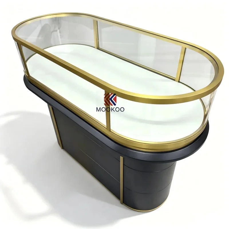 custom.Oval Curved Rose Gold Frame Jewelry Display Counter, LED Light Lockable Glass Showcase  Jewellery Boutique