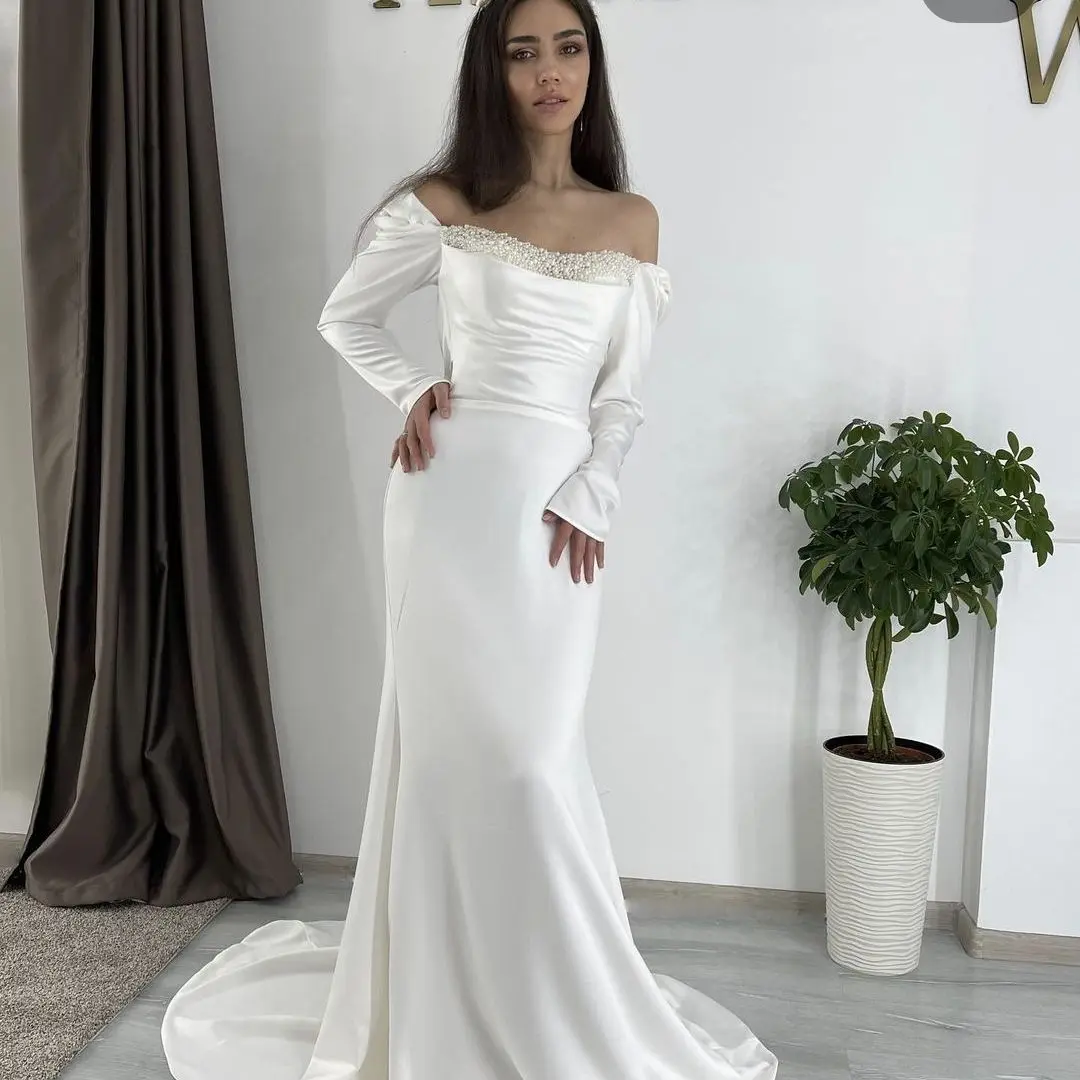 

Mermaid Wedding Dress Long Sleeve Sweetheart Floor Length Satin Civil Bridal Gowns Customize To Measures Robe De Mariee Beach