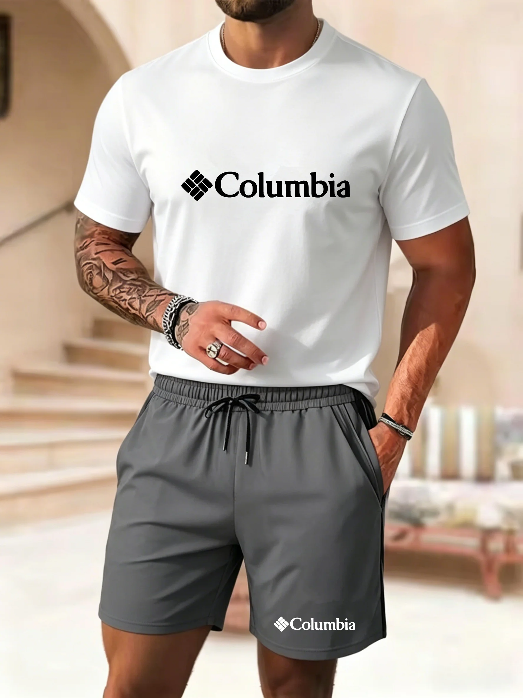 New Men's Short Sleeve Shorts Set Trendy Print T-Shirt Shorts 2-Piece Casual Round Neck Breathable Sports Wear