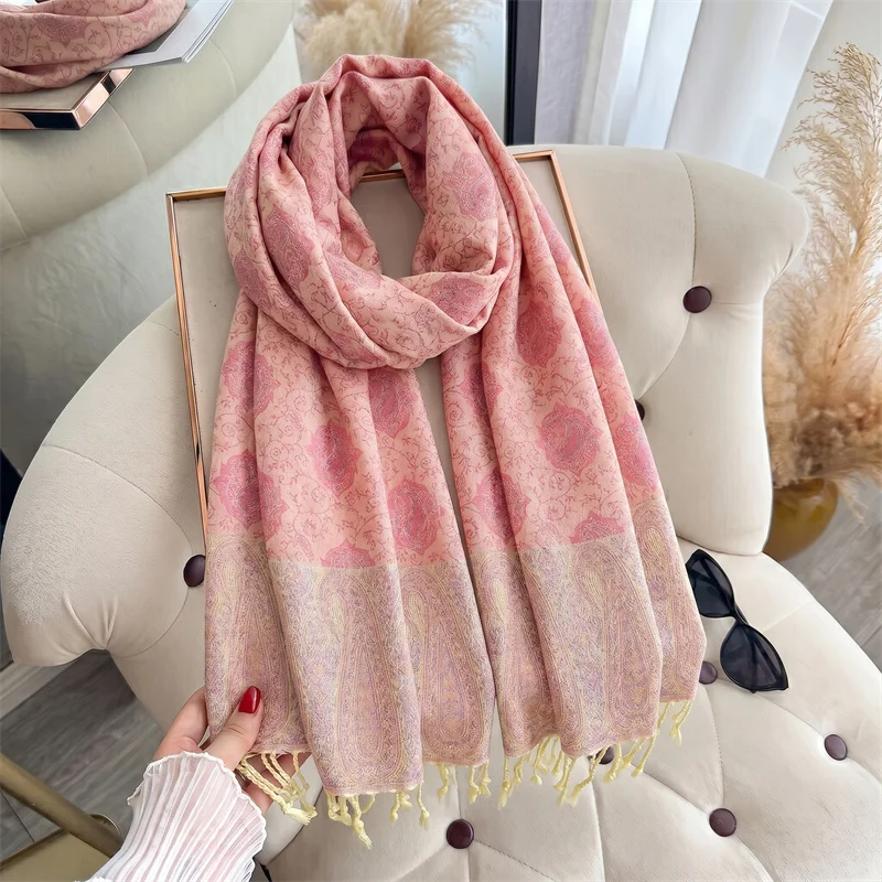 Blush Pink Vintage Paisley Jacquard Scarf Women Tassel Trim Shawl Wrap Palace Style Scarves For Autumn Winter Formal Event Gift view 4