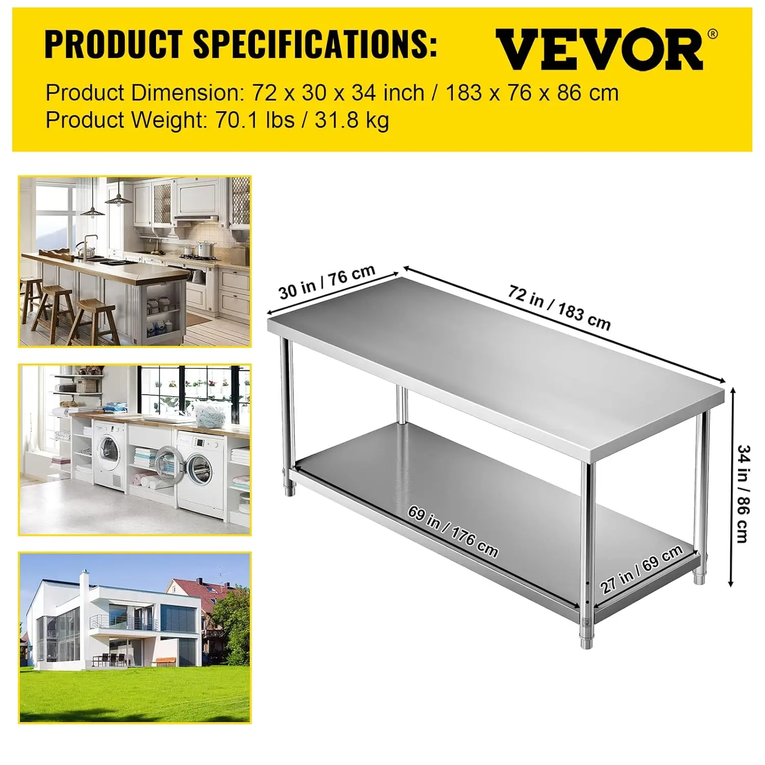 Stainless Steel Prep Table, 72 x 30 x 34 Inch, 550lbs Load Capacity Heavy Duty Metal Worktable with Adjustable Undershelf