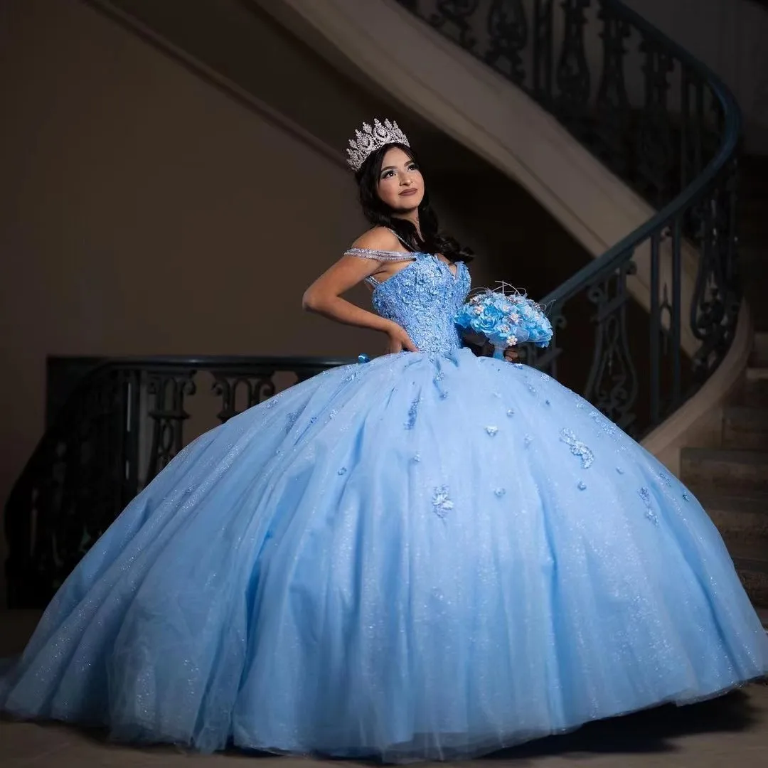 

Sky Blue Tulle Puffy Quinceanera Dresses Lace Up Sexy Back Robe De Soiree Beaded Applique Spaghetti Sweetheart Prom Formal Gowns