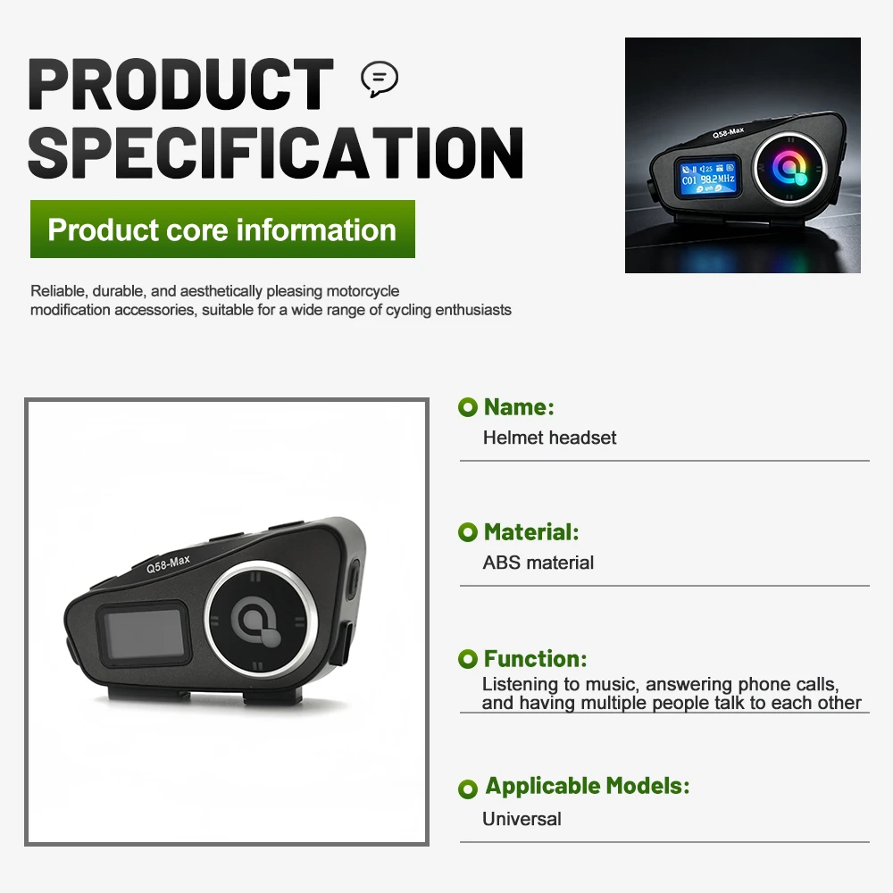 Q58 Motorcycle Helmet Intercom, Wireless Bluetooth Headset, Moto LCD Display, FM Walkie‑Talkie, IP65 Waterproof