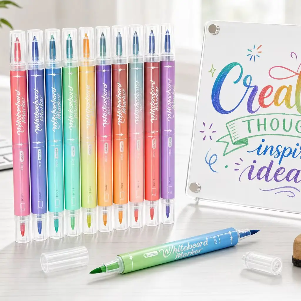

10Pcs Erasable Dual Head Brush Tip Whiteboard Marker Pens Dry Erase Markers for Office Classroom Writing