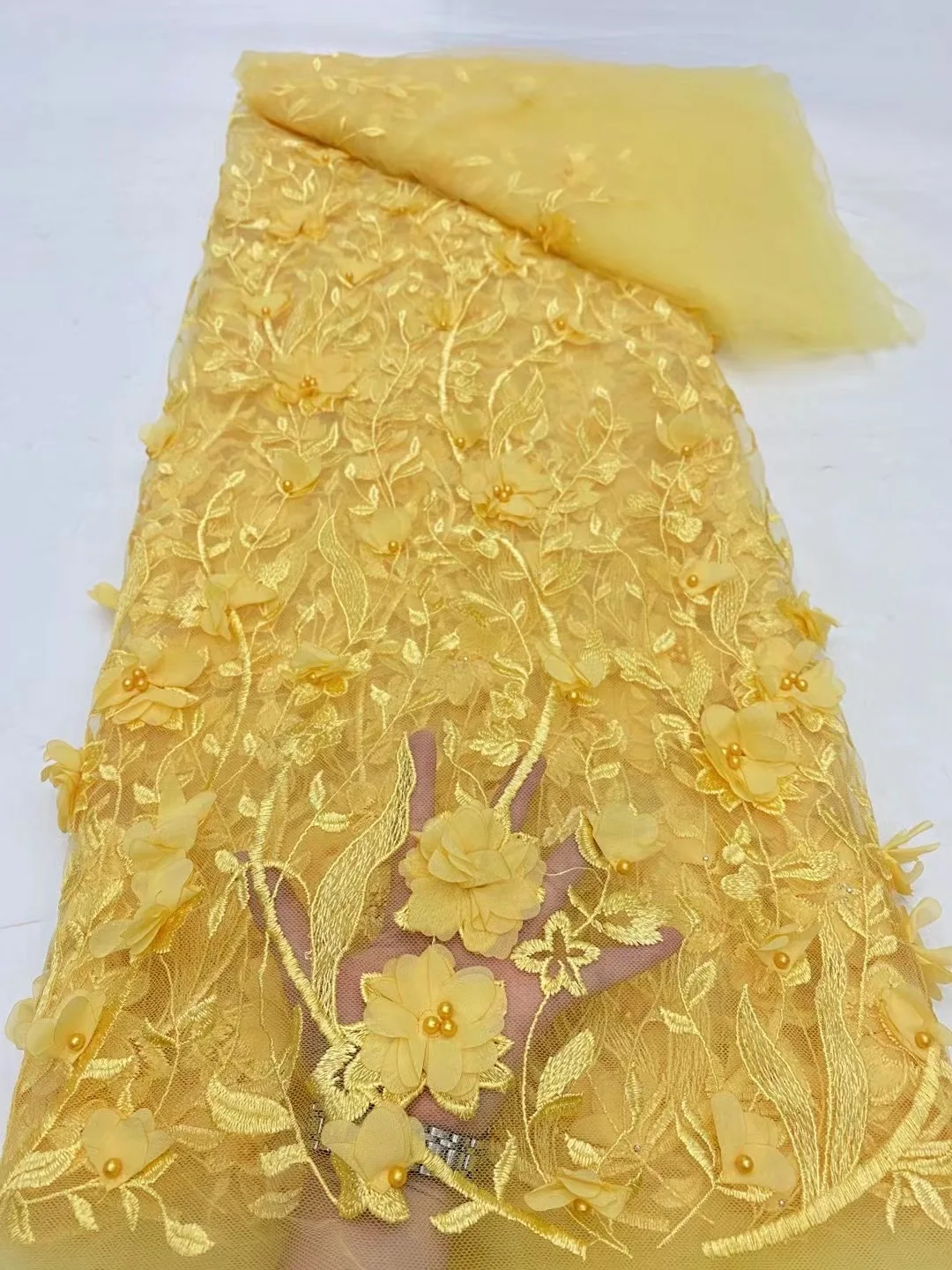 

2024 Nigerian Sequins Embroidery Tulle Lace Fabric Sewing Net Cloth Beads Stone Prom Dresses High Quality 5Yards DP0228