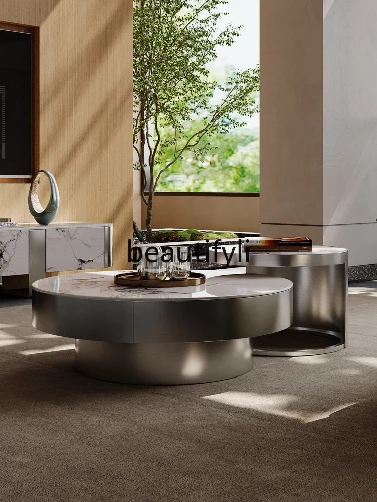 

ss CSlate marble microcrystalline stone coffee table size round modern simple light luxury villa