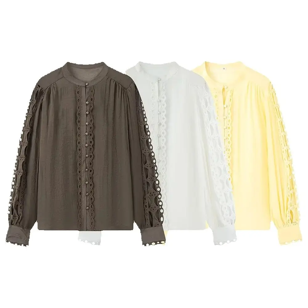 Autunno nuovo abbigliamento da donna in stile europeo e americano moda semplice e versatile top con bordi in pizzo tinta unita