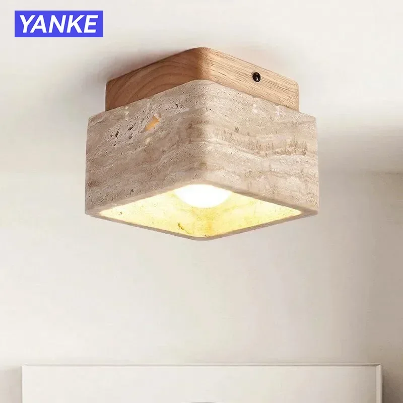 

Wabi Sabi Square Stone Travertine Ceiling Lamp for Bedroom Corridor Foyer Hallway Walnut Wood Ceiling Indoor Lighting Fixture