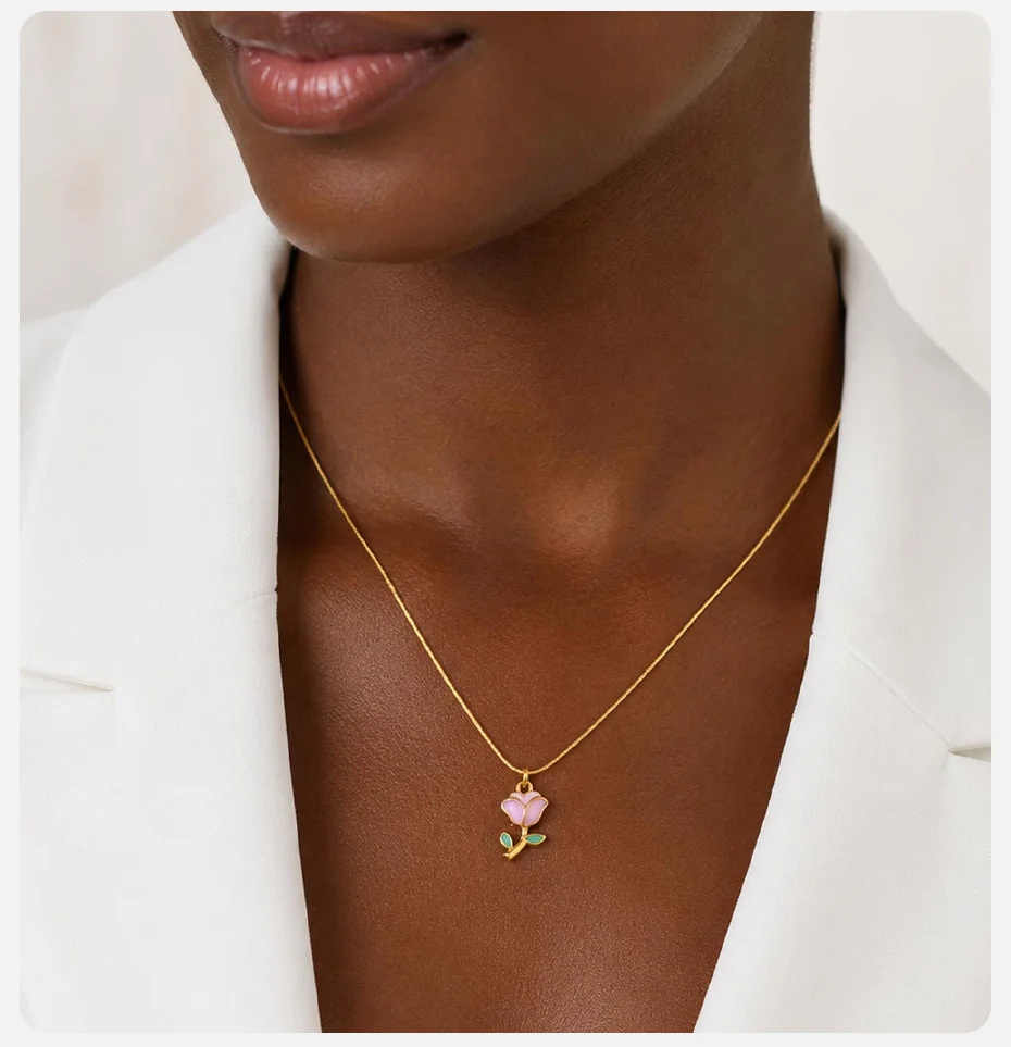Vnox Süße Emaille Rosa Rosenblüten-Anhänger Halskette für Frauen, Goldfarbener Blumenanhänger, Schlangenkette, Romantisches Schmuckgeschenk – Detail 3