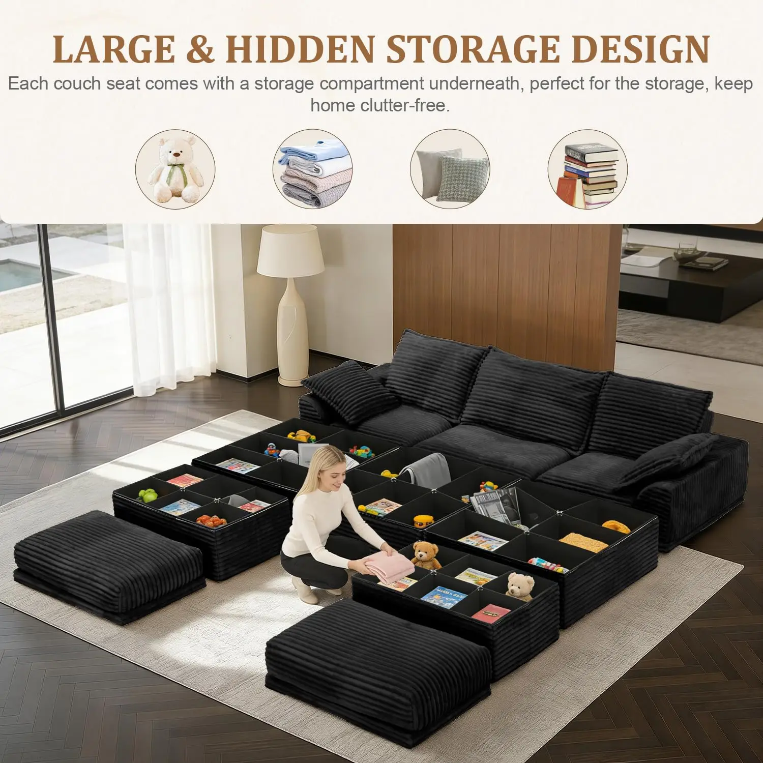 Boneless Sofa Storage Extra Deep&High Seat Modular 3 Seater U Shaped Ottoman Tool-Free Assembly Living Room, Customized