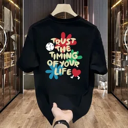 New Summer Men's 100% Cotton T-shirts Korean Oversized Trendy Printed Tee High Quality Men's Clothing Sports Sweatshirt Top 2024