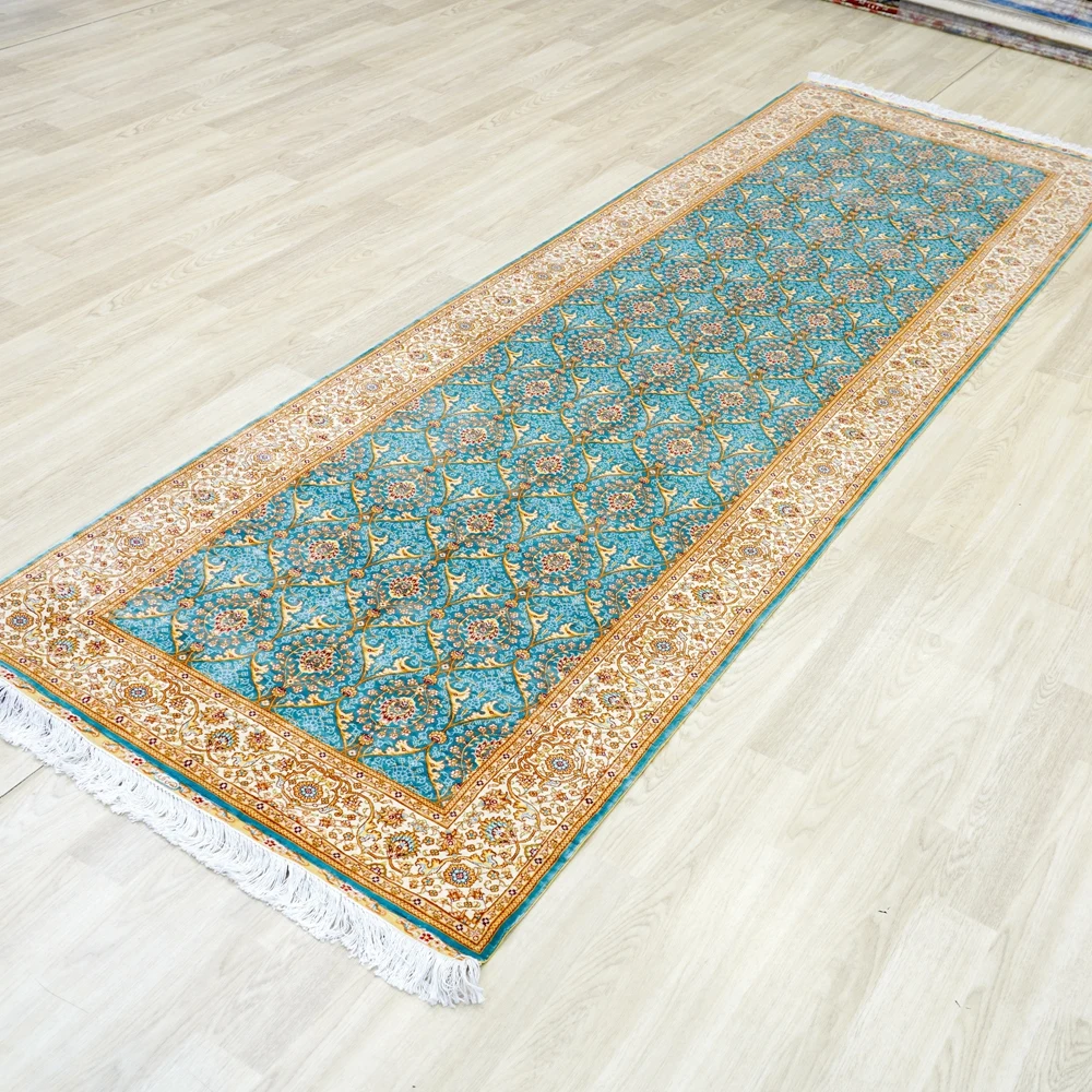 91x305cm Handknotted Silk Rug Runner Hallway Gallery Blue Carpet (TJ756A)