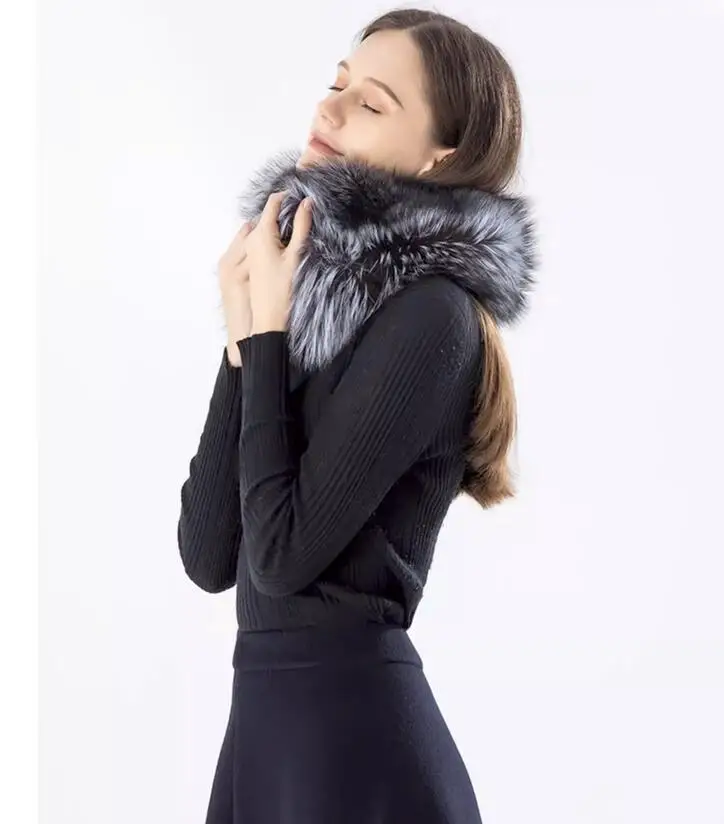 New Real Silver FOx Scarves Winter Women Thick Warm Collar Top Quality Shawl Natural Fluffy Fur Muffler