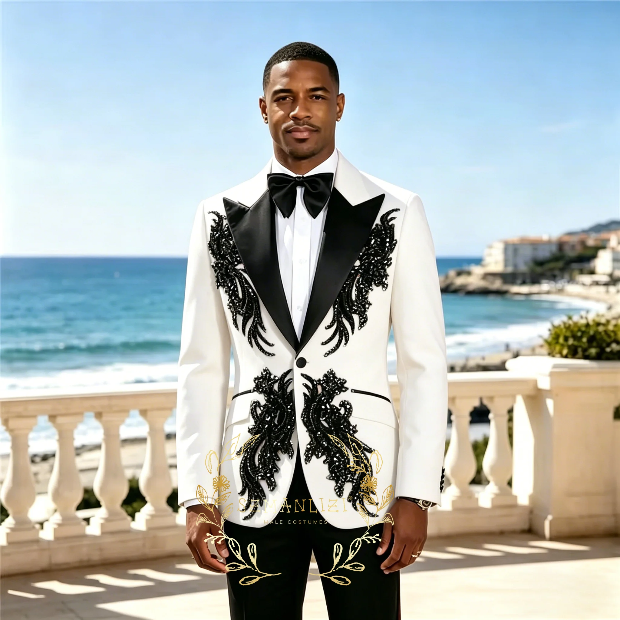 Unique Design Suits Men 2 Pece Sets Black Beaded Crystals Appliques Groom Prom Blazer Custom Made Man Banquet Tuxedo Attire 2026