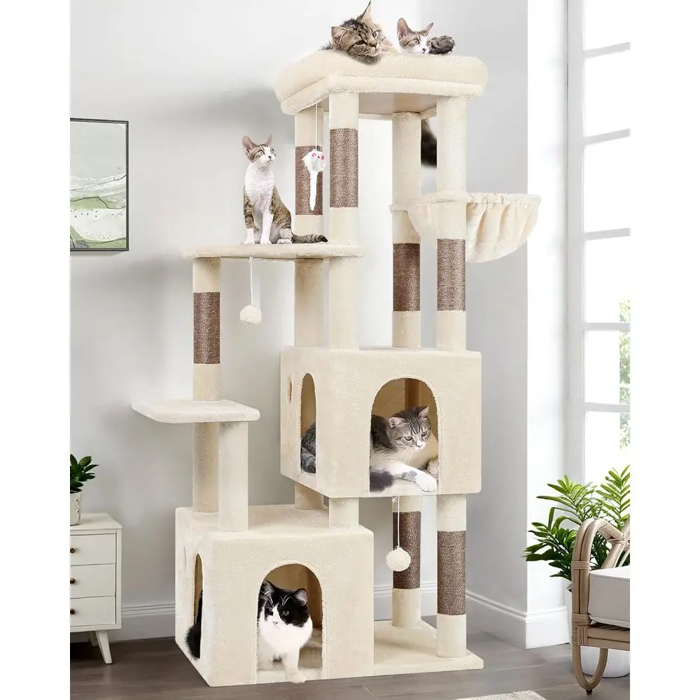 Torre de juegos para gatos grande y resistente con poste rascador para gatos Maine Coon, 61 beige