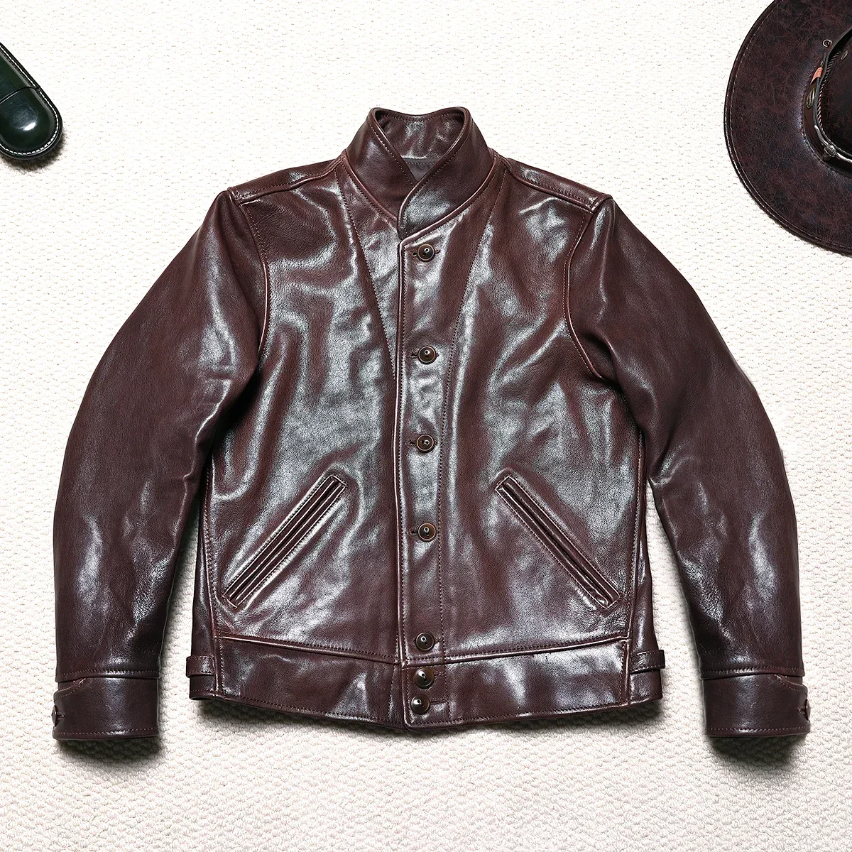 

Tailor Brando Full Grain Batik Goatskin Vintage Men's Short Highland Barley Collar Slim Genuine Leather Jacket