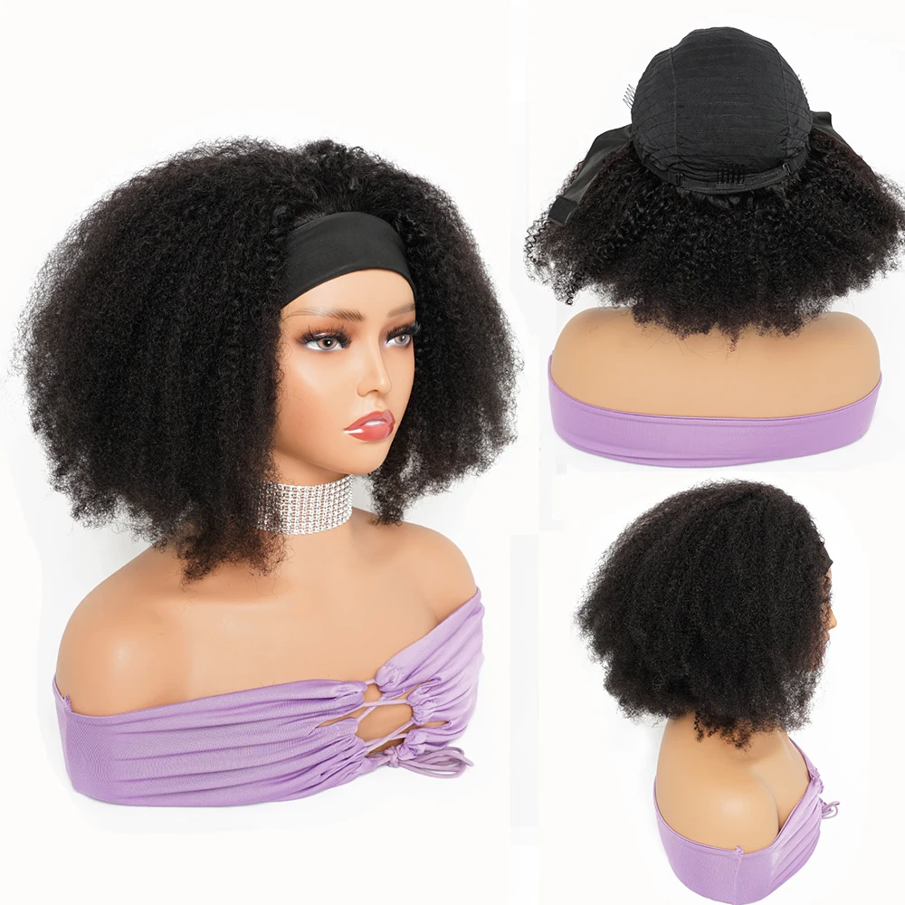 250% Density Afro Kinky Curly Human Hair Wig Headband Scarf Wig For Women Brazilian Remy Hair None Lace Full Machine Made Wigs