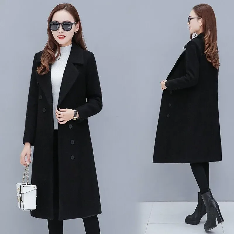 Female Woolen Coat Velvet 2023Women\'s Double-Breasted Woolen Coat Spring And Autumn Woolen Coat Fashion Suit Collar ThickTrench