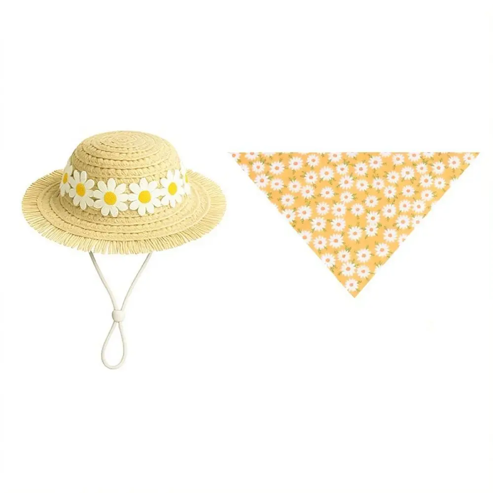 Funny Dog Apparel Goose Style Straw Hat With Daisy Scarf Set Holiday Party Photography Outdoor Dress Up