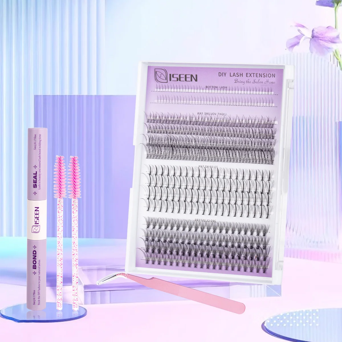 ISEEN DIY Eyelash Extension Kit Individual Eyelashes Kit with Lash Bond & Seal and Lash Tweezers and Brush