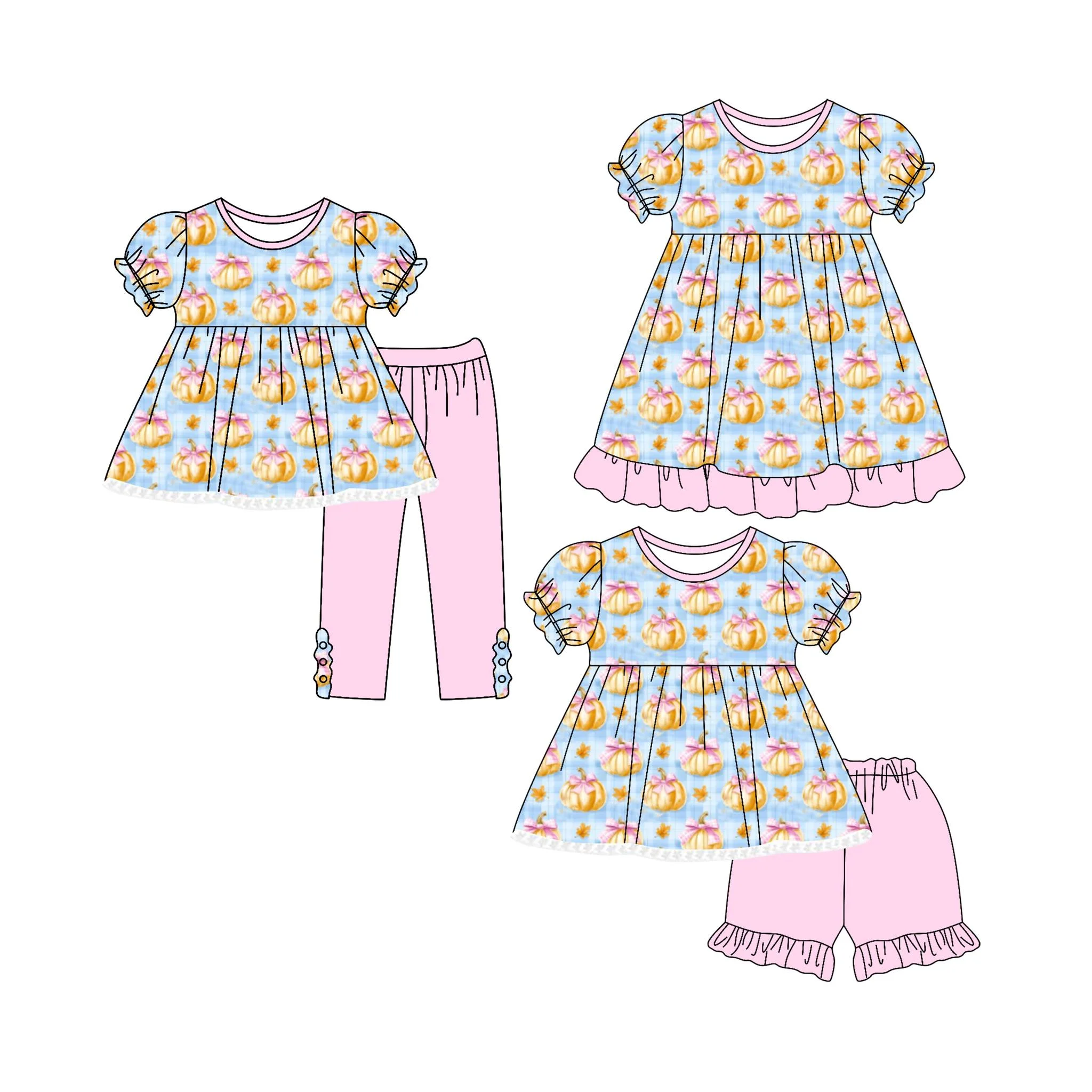 Thanksgiving boutique children's suit short-sleeved lace plaid pumpkin maple leaf print trousers girl suit baby jumpsuit dress