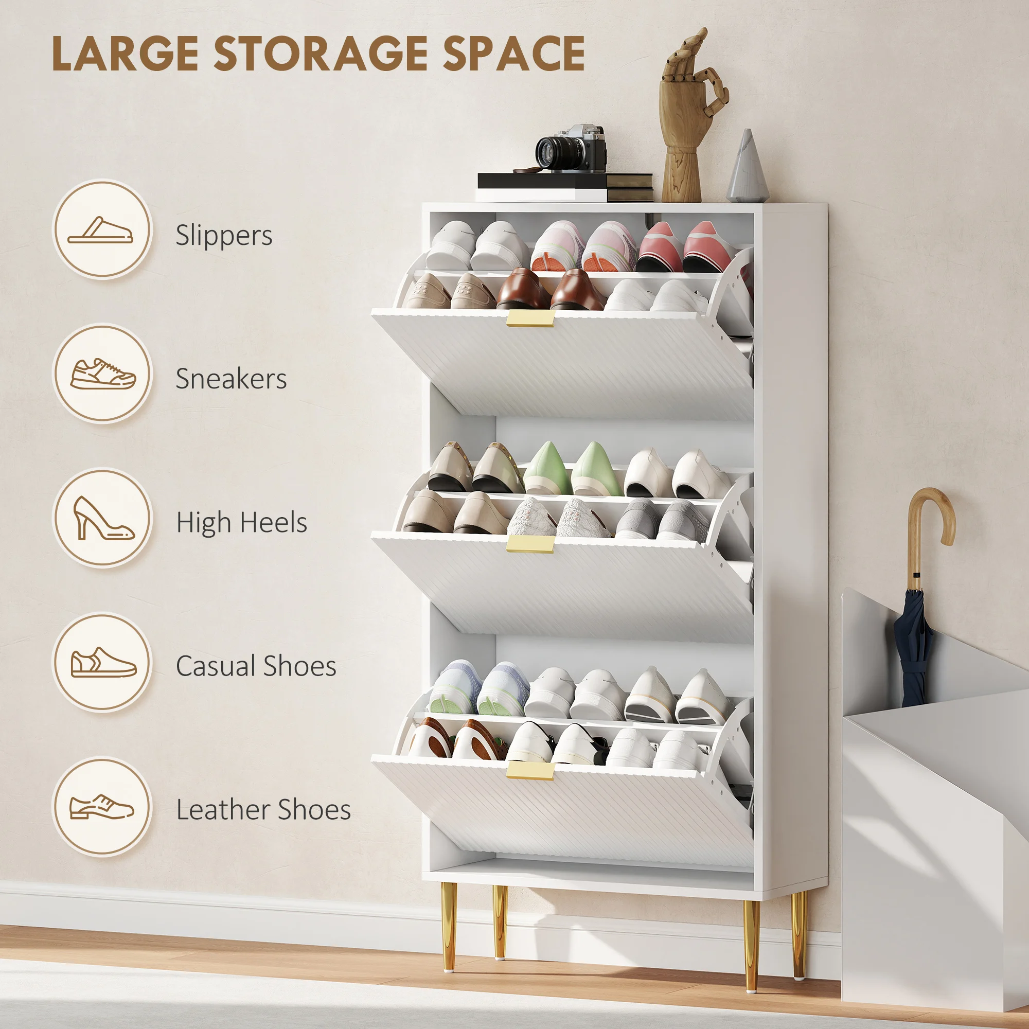 HOMCOM Slim Shoe Storage Cabinet with 3 Flip Drawers for Hallway, White