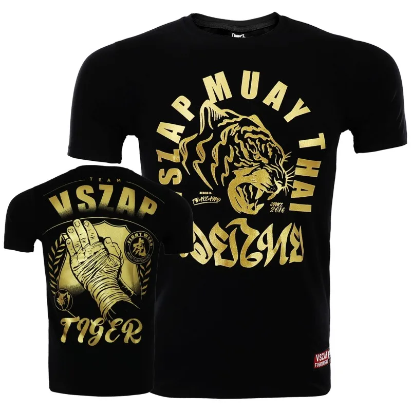 

VSZAP Tiger Muay Thai Compression Short Sleeve Fitness Training MMA Boxing Bronzing Sport Boxing Cotton T-shirt Male Summer