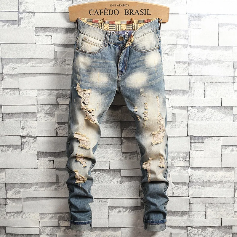 

Retro Waed Slim Fit Ripped Jeans Men's Casual Straight Leg Jeans mid Waist Zipper Closure Stand Fit Spring Summer Jeans