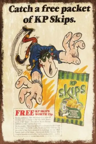 Skips Crisps Advert Vintage Retro Style Metal sign plaque, snack, cafe, mancave sign