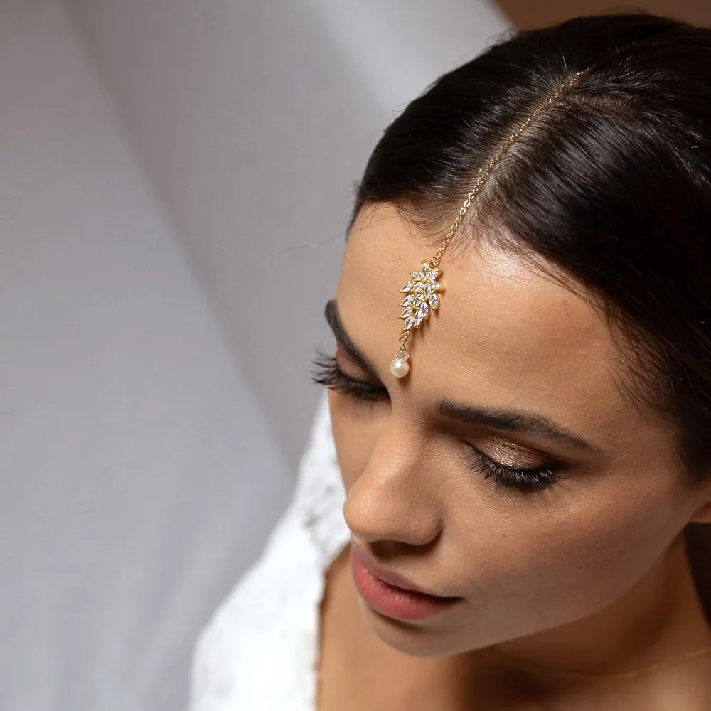 Stonefans Elegant Zircon Forehead Chain Headpiece Wedding Accessories 2023 Pearl Pendant Indian Bridal Hair Jewelry for Women