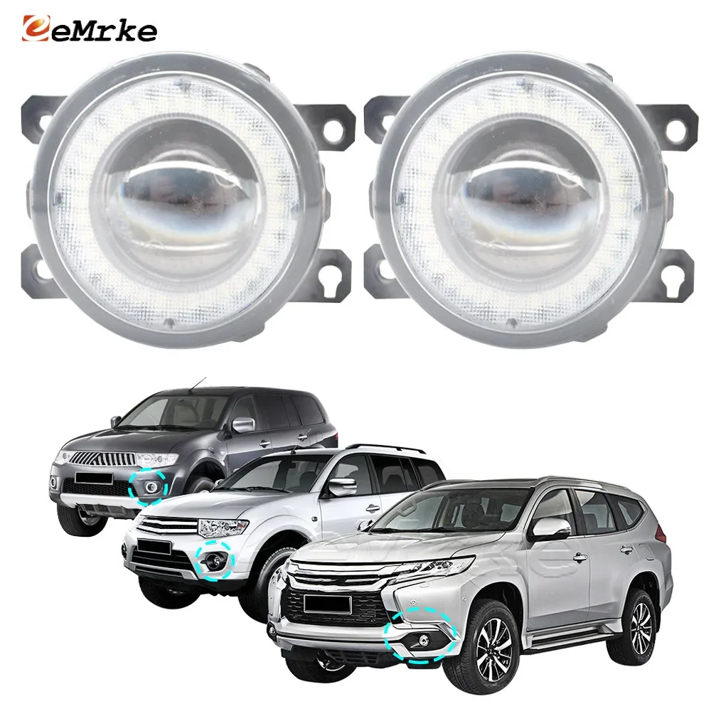 Car Lights Lens for Mitsubishi Pajero Sport  Challenger Montero Sport II III Fog Lamp + LED Angel Eye DRL Daytime Runinng Light