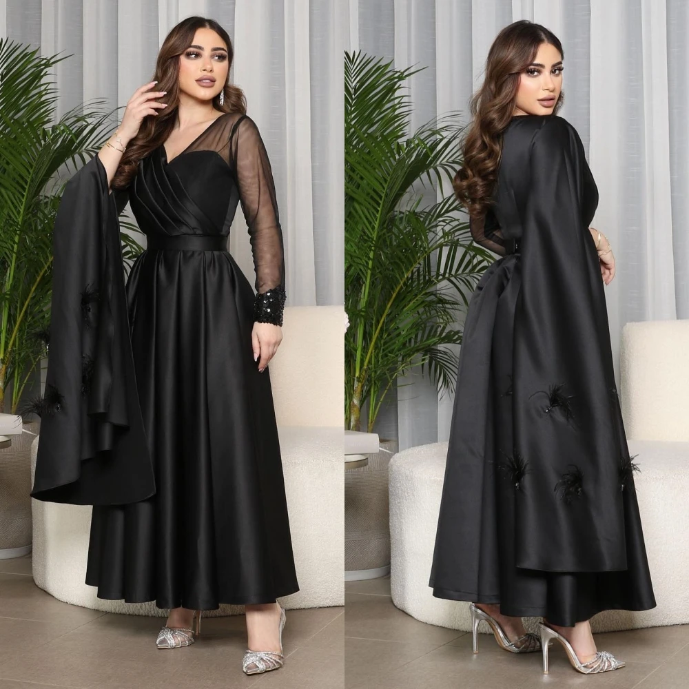 Robe de Bal en Satin de Haute Qualité Personnalisée avec Perles de Plumes, Ligne A, Col en V, sur Mesure, pour Occasions, Mi-longue