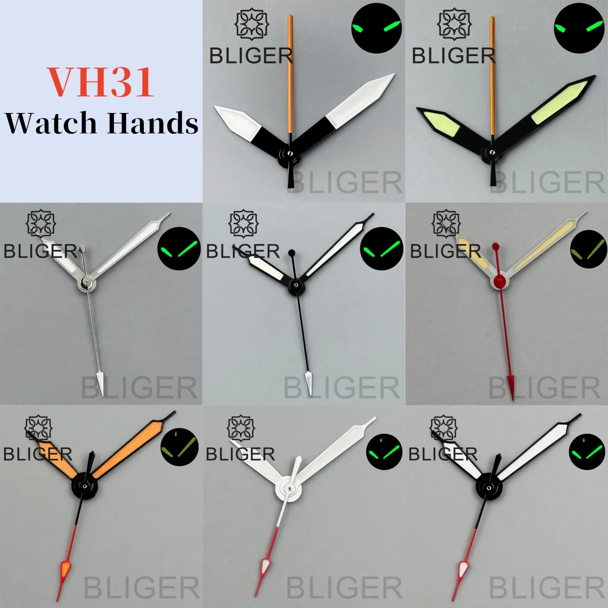 Pilot Watch Hands for VH31 Movement Red Orange Yellow Blue Color Seonds High Quality C3 Green Luminous VH31 Watch Pointer Hands