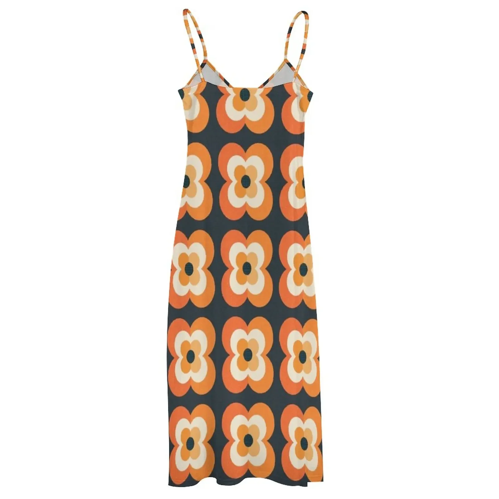 Retro Flowers - Orange and Charcoal Sleeveless Dress Woman clothes clothes