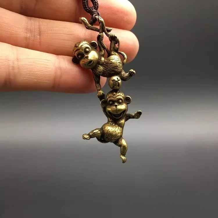 Chinese Brass Two Monkeys Statue Copper Bronze Small Pendant