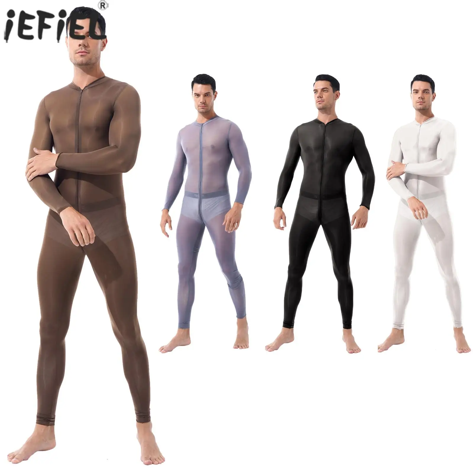 

Ultra Thin See Through Bodysuits Mens Long Sleeves Zipper Open Crotch Jumpsuit Sheer Smooth Lingerie Nightwear Costumes