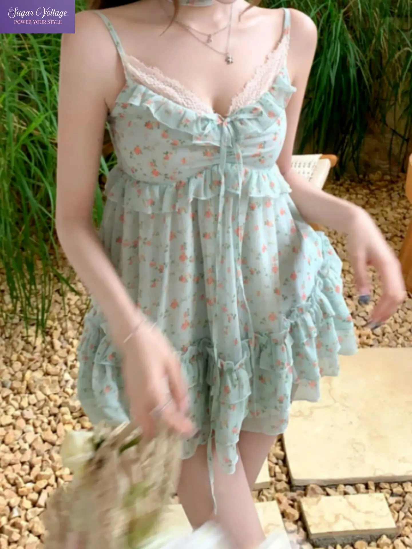 

Summer French Coquette Floral Tie Front Spaghetti Strap Mini Dress Women Lace Trim Ruffle Ruched Party Date Night Casual Outfit