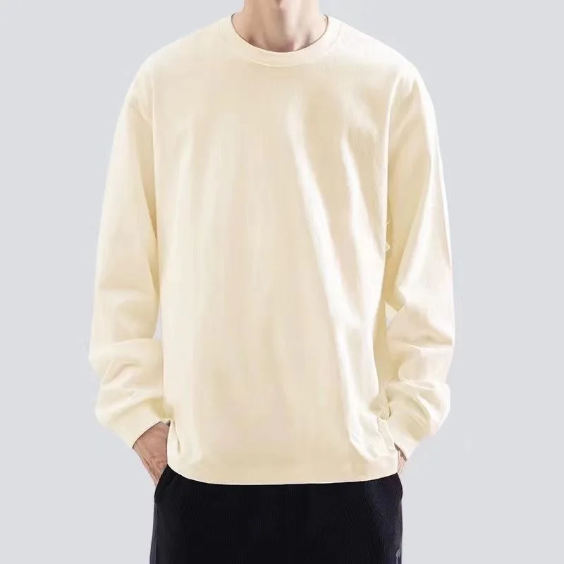 

260g pure cotton long sleeved T-shirt men's solid color loose autumn and winter hoodie round neck white inner layer base shirt
