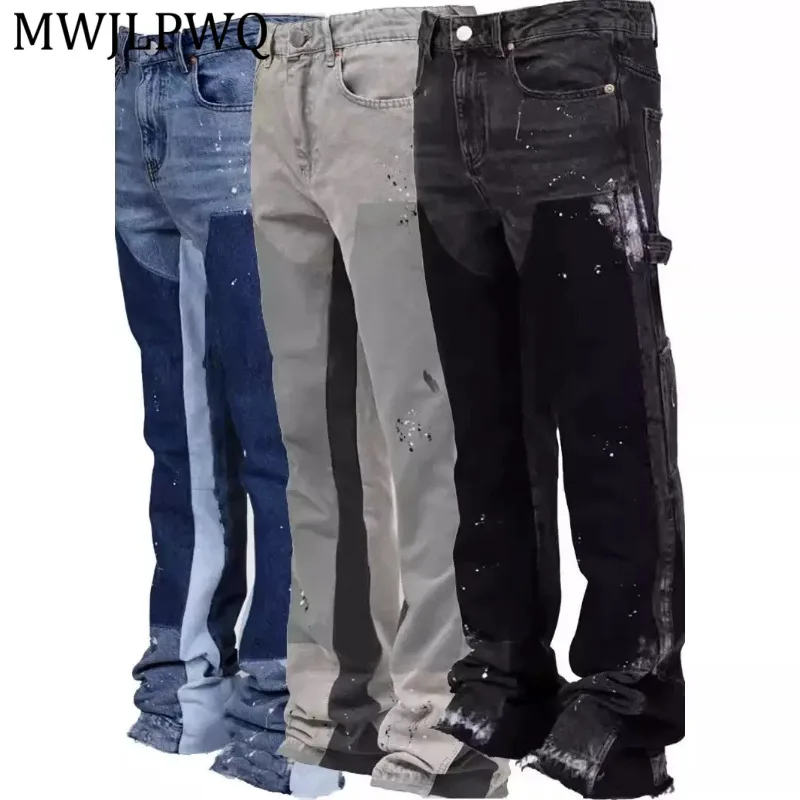 

MWJLPWQ Retro High Street Color-Blocked Men's Jeans American 2026 Spring Autumn Versatile Straight-Leg Work Trousers Trend 16148
