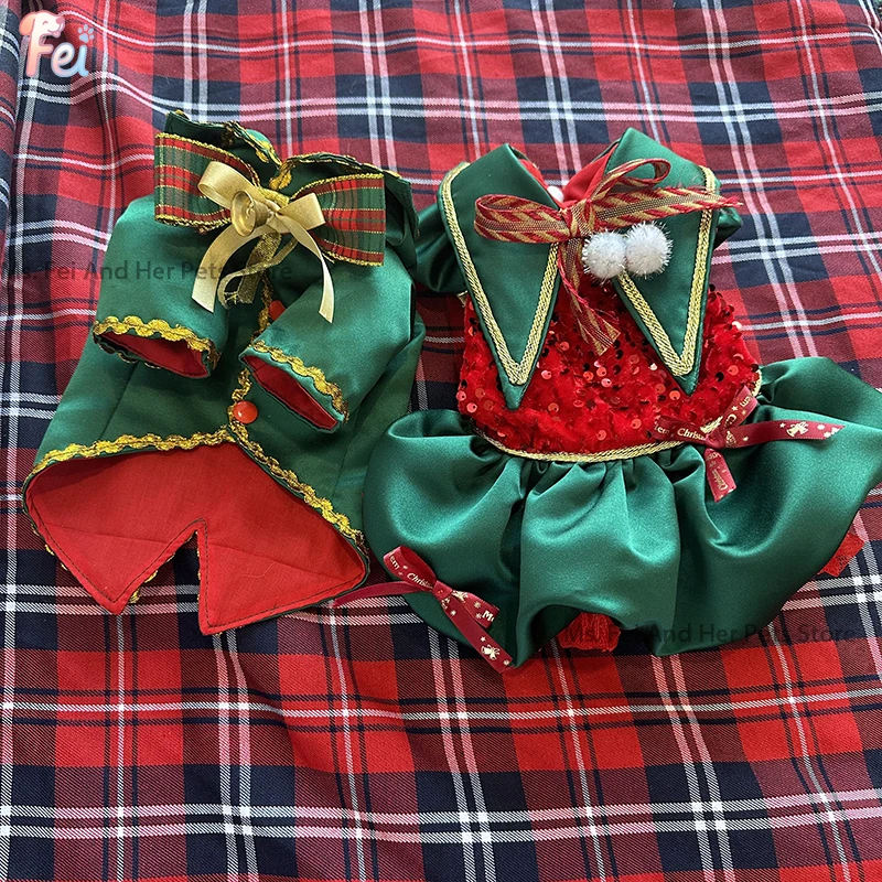 

Christmas Pet Dress, Handmade Green & Red Sequin Skirt, Holiday Dog & Cat Costume, Customizable Pet Apparel, Elegant Couple Look