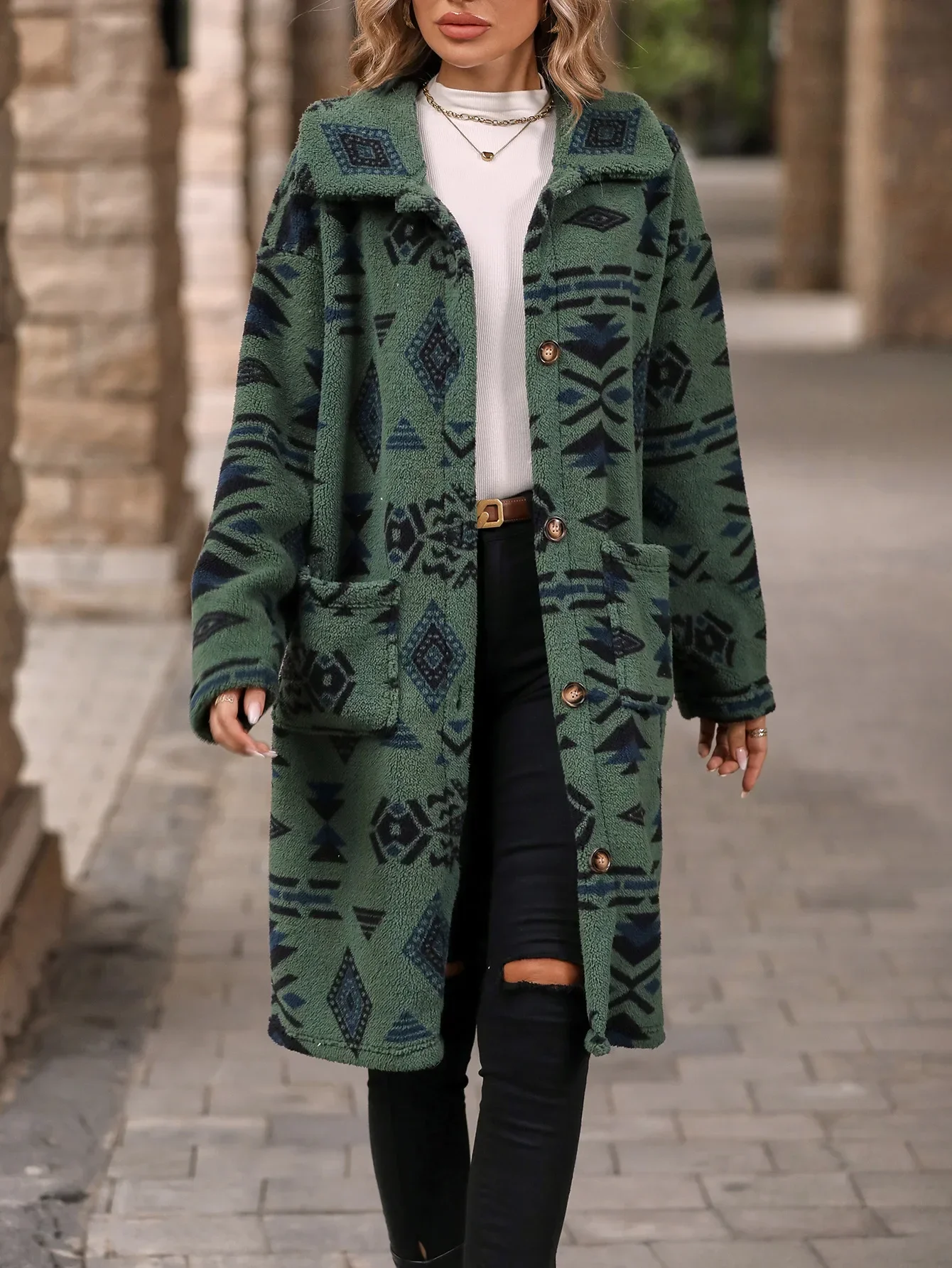 Single Breasted National Style Plush Coat Winter Loose Long Fluffy Overcoat Outerwear Fashion Print Plush Long Jacket for Women