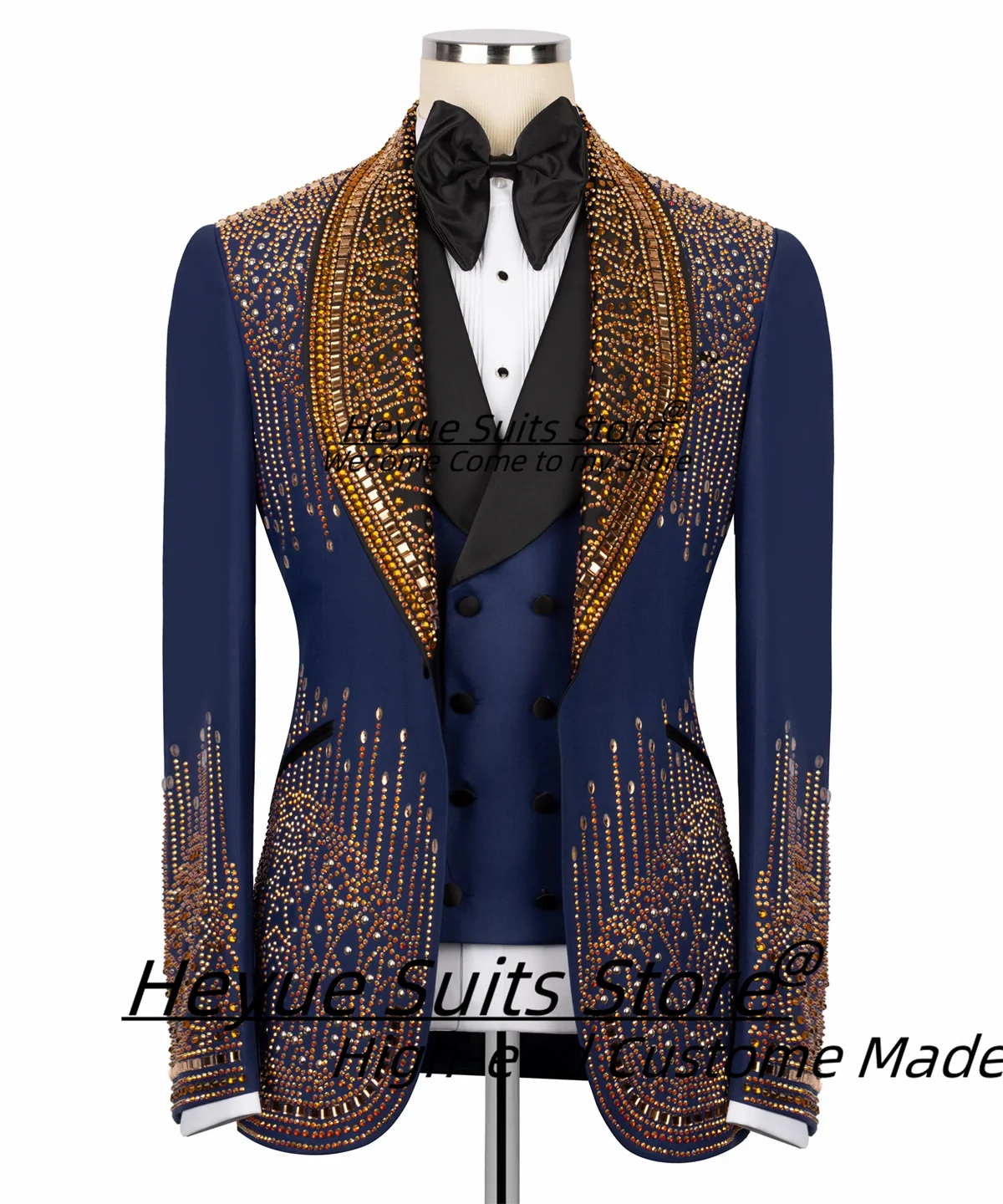 

Gorgeous Golden Diamond Men Suits Customized Slim Fit Shawl Lapel Groom Wedding Tuxedos 3 Pcs Sets Male Prom Blazers Ropa Hombre