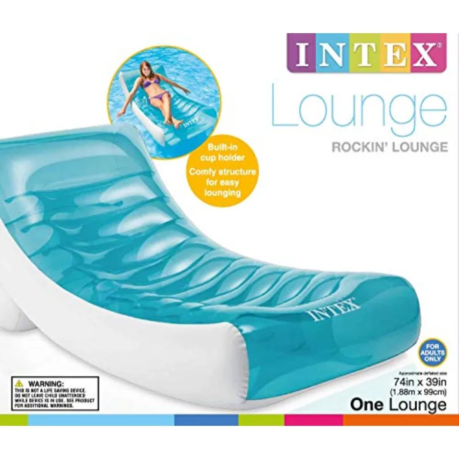Inflatable Rockin' Lounge Pool Floating Raft Chair with Cupholder for outdoor water use, PVC material, blue and gray, extra-sta