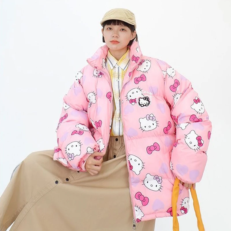 Fun Cartoon Hello Kitty Stand-Up Collar Cotton Coat Sanrioed Christmas Winter Style Girl Loose Kawaii Thickened Warm Jacket