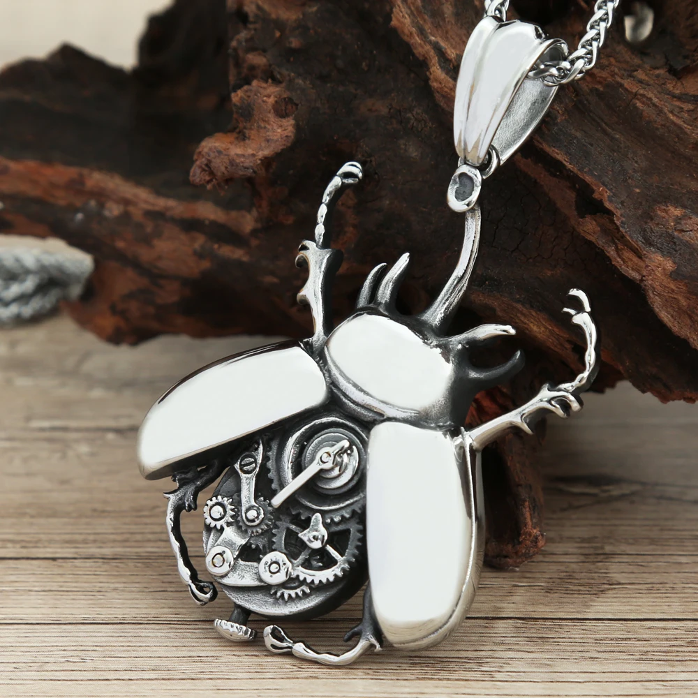 Steampunk Beetle Pendant Necklace Unisex Stainless Steel Mechanical Gear Insect Charm Necklace Gothic Punk Fashion Jewelry Gift