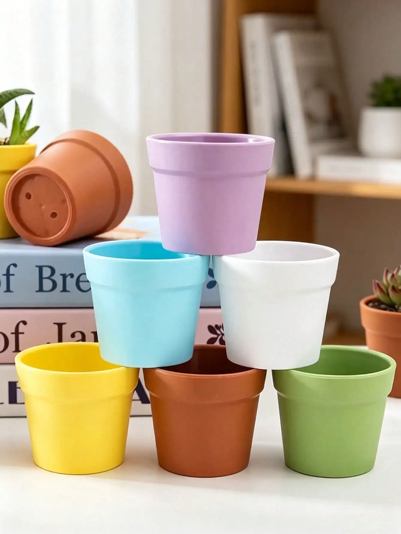5pcs/Set Succulent Plant Pots, Faux Ceramic Thickened PP Seedling Pots With Drainage Holes, Mini Flower Pots For Cactus Bonsai Indoor Home Garden Decor, Multi-Color Optional
