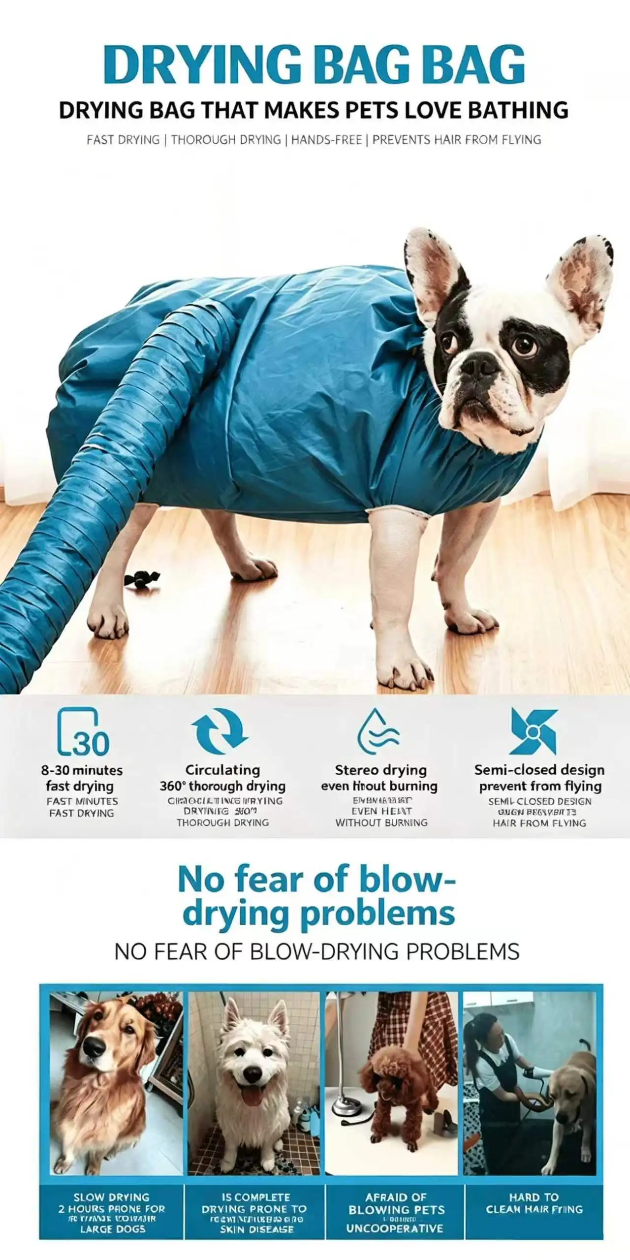 Pet Drying Bag Portable Dog Dryer Bag Hands-Free Pet Hair Drying Coat Reduce Flying Hair Fast Dry Bag For Small Medium Large Dog
