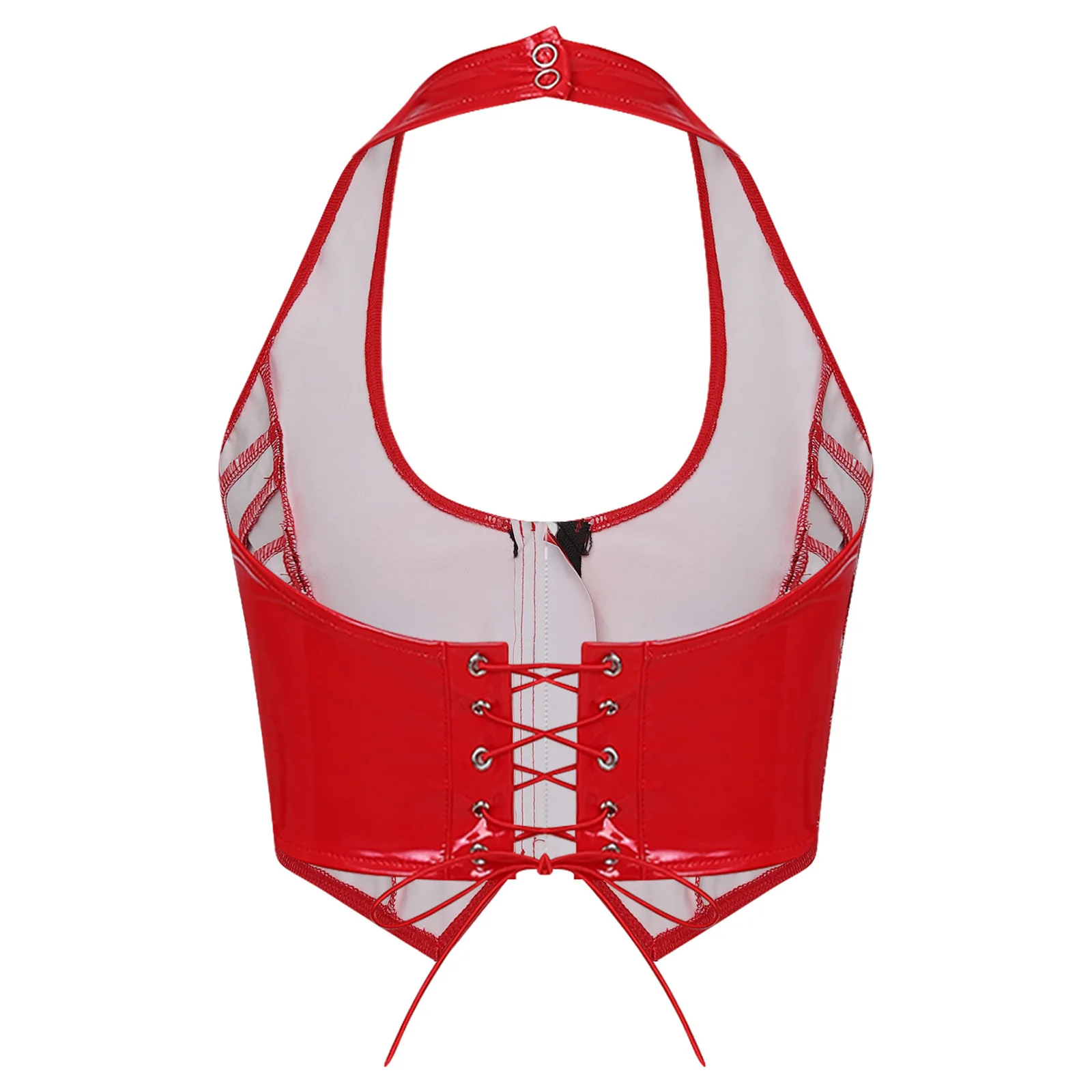Womens Glossy Punk PU Leather Halter Latex Crop Tank Top Front Zipper Back Lace-up V Neck Crop Vest Mini Corset Y2k Clubwear