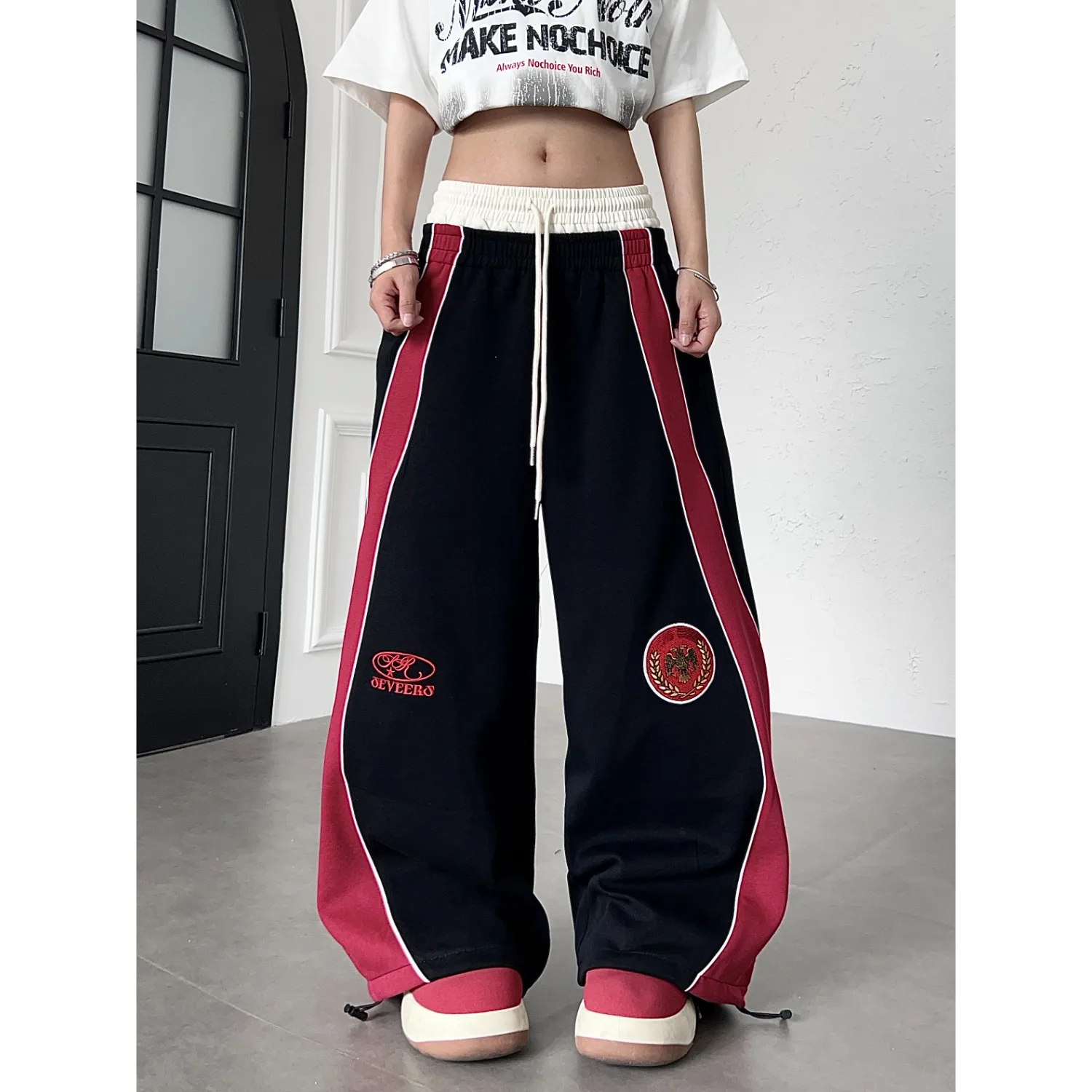 Loose Wide Leg Casual Pants Men's Autumn Winter plus Size 250 Pounds New American Retro Badge Embroidery Design Drapey Leisur...